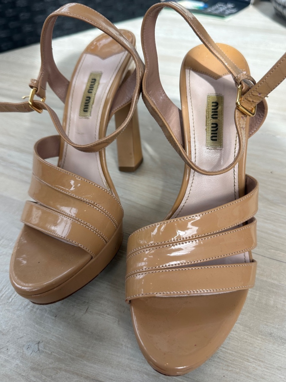 Miu Miu Patent Leather Tan Platform Heel Sandals
